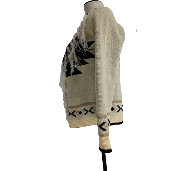 Woman's Aztec Tan Black Open Cardigan Sweater Size Large Fringe Metallic Unbrand - Picture 4 of 12